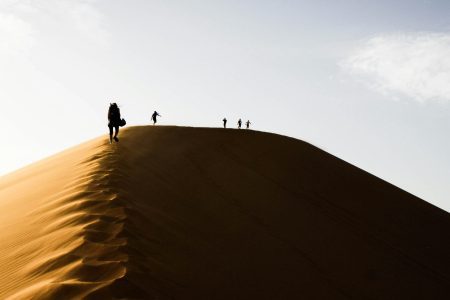 five people standing on sand dunes during daytime