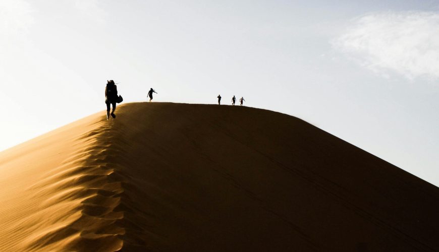 five people standing on sand dunes during daytime